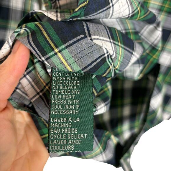 Lauren Ralph Lauren Women's Petite 4 Green Navy Plaid Button Down Emblem Shirt - Picture 4 of 5